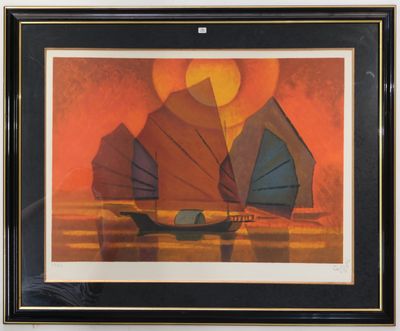 painting of a sailboat in the water with the sun setting in the background