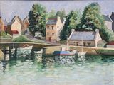 une peinture représentant une scène portuaire avec des bateaux dans l'eau