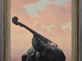 une peinture à l'huile représentant un violoncelle posé sur un rocher dans l'eau