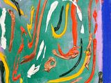 une image représentant un tableau sur lequel figure un carré vert traversé de lignes rouges, jaunes et orange