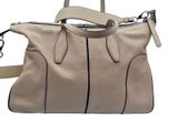 beige leather handbag with zippers and handles on a white background