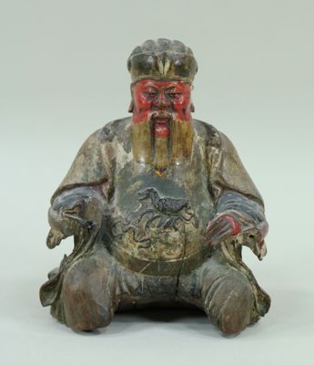 Chine, STATUETTE en bois sculpté, reste polychromie, figuran…