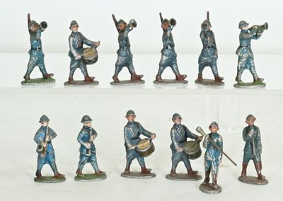 many figurines of men in blue uniforms playing instruments