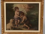 un tableau représentant deux enfants jouant avec un chien dans un champ