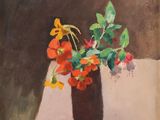 a painting of flowers in a vase on a table