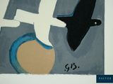 a painting of a bird flying over a bowl of fruit