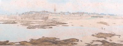 une photo d'un tableau représentant une plage avec un château à l'arrière-plan