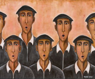 un tableau représentant un groupe d'hommes coiffés de chapeaux