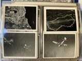 three black and white photos of airplanes flying in the sky
