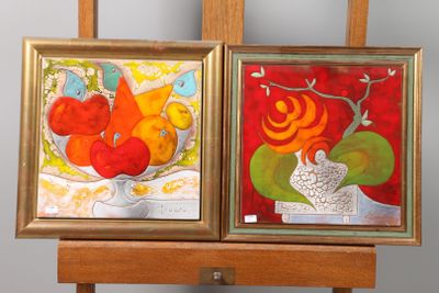 two paintings that are on a easel next to each other