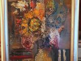 a painting of flowers in a vase on a table