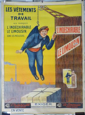 une affiche représentant un homme suspendu à la façade d'un immeuble