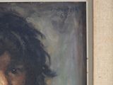 painting of a young girl with a black hair and a brown shirt