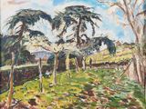 une peinture à l'huile représentant des arbres dans un champ, avec le ciel en arrière-plan