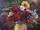 a painting of a vase of flowers on a table