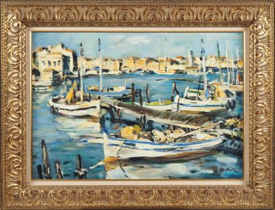 une peinture à l'huile représentant des bateaux amarrés dans un port, avec des bâtiments en arrière-plan