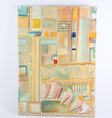 peinture représentant un tableau représentant un paysage urbain avec un banc au premier plan