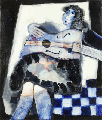 un tableau représentant un homme jouant de la guitare devant une fenêtre