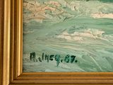 a picture of a painting of a man on a surfboard in the ocean