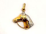 a gold horse head pendant on a white background