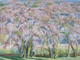 une peinture à l'huile représentant un arbre rose dans un champ herbeux