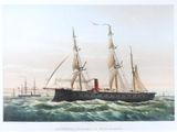 painting of a ship in the ocean with a sky background