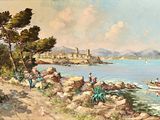 un tableau représentant des personnes sur une plage, au bord de l'eau