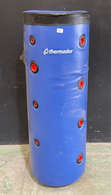 a blue trash can that has red lights on it