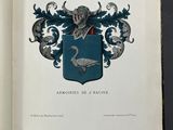 an open book with a coat of arms and a bird on it