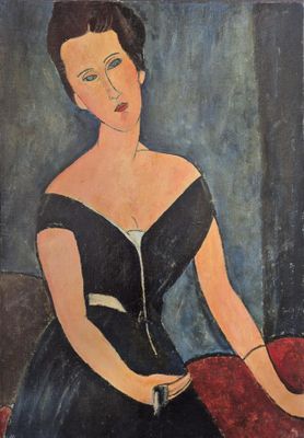 tableau représentant une femme en robe noire tenant un éventail rouge
