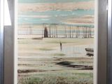 painting of a man walking on the beach with a boat in the background