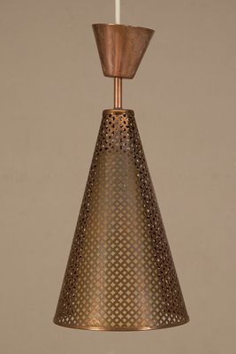 a metal lamp with a cone shaped shade hanging from the ceiling