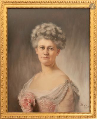 un tableau représentant une femme en robe rose, tenant une rose à la main