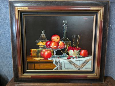 a picture of a painting of apples on a table