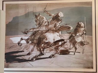 un dessin représentant un groupe de personnes à cheval