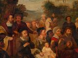 painting of a large group of people gathered around a baby in a crib