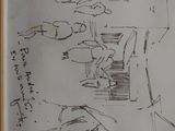 drawing of a group of people sitting around a table with a dog