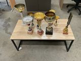 de nombreux trophées posés sur une table dans une pièce