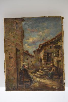 R. LACOSTE, "Rue de village animé", huile sur toile (restaur…