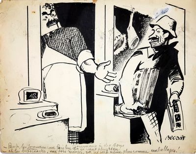 drawing of a man shaking another man ' s hand in front of a door