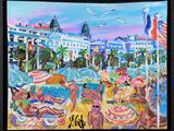 painting of a beach scene with people and umbrellas on a sunny day