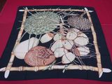 a picture of a table with a table cloth with a picture of various plants on it