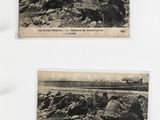 two old black and white photos of soldiers laying on the ground
