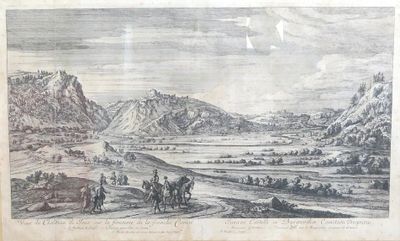 une ancienne gravure représentant une vallée avec des chevaux et un homme à cheval