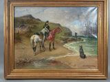 painting of two men on horses and a dog on a beach