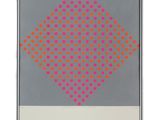 an abstract painting with pink and orange dots on a gray background