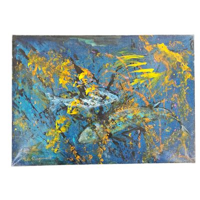 peinture représentant des fleurs jaunes sur fond bleu, avec un fond blanc