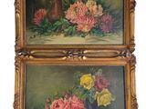 two paintings of flowers in a vase and a vase of flowers on a table