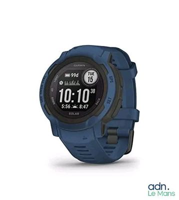 the garmin gps watch has a blue band and a black face