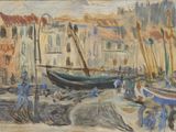 a painting of a boat in a harbor with people walking around